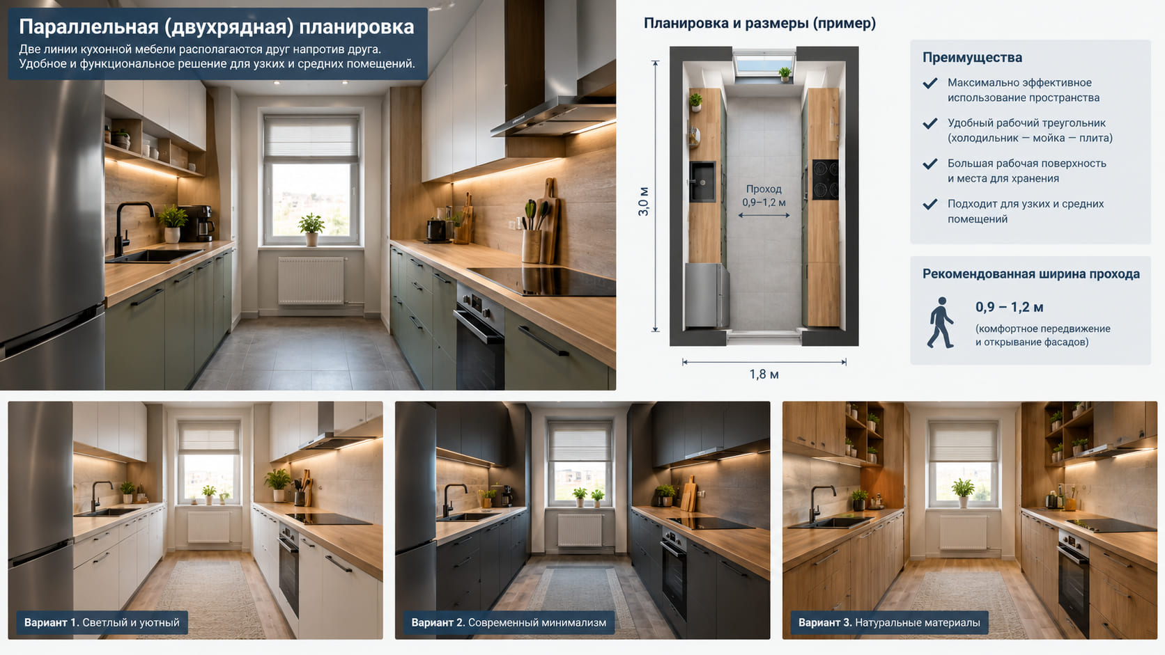 Параллельная (двухрядная) планировка кухни Параллельная (двухрядная) планировка кухни