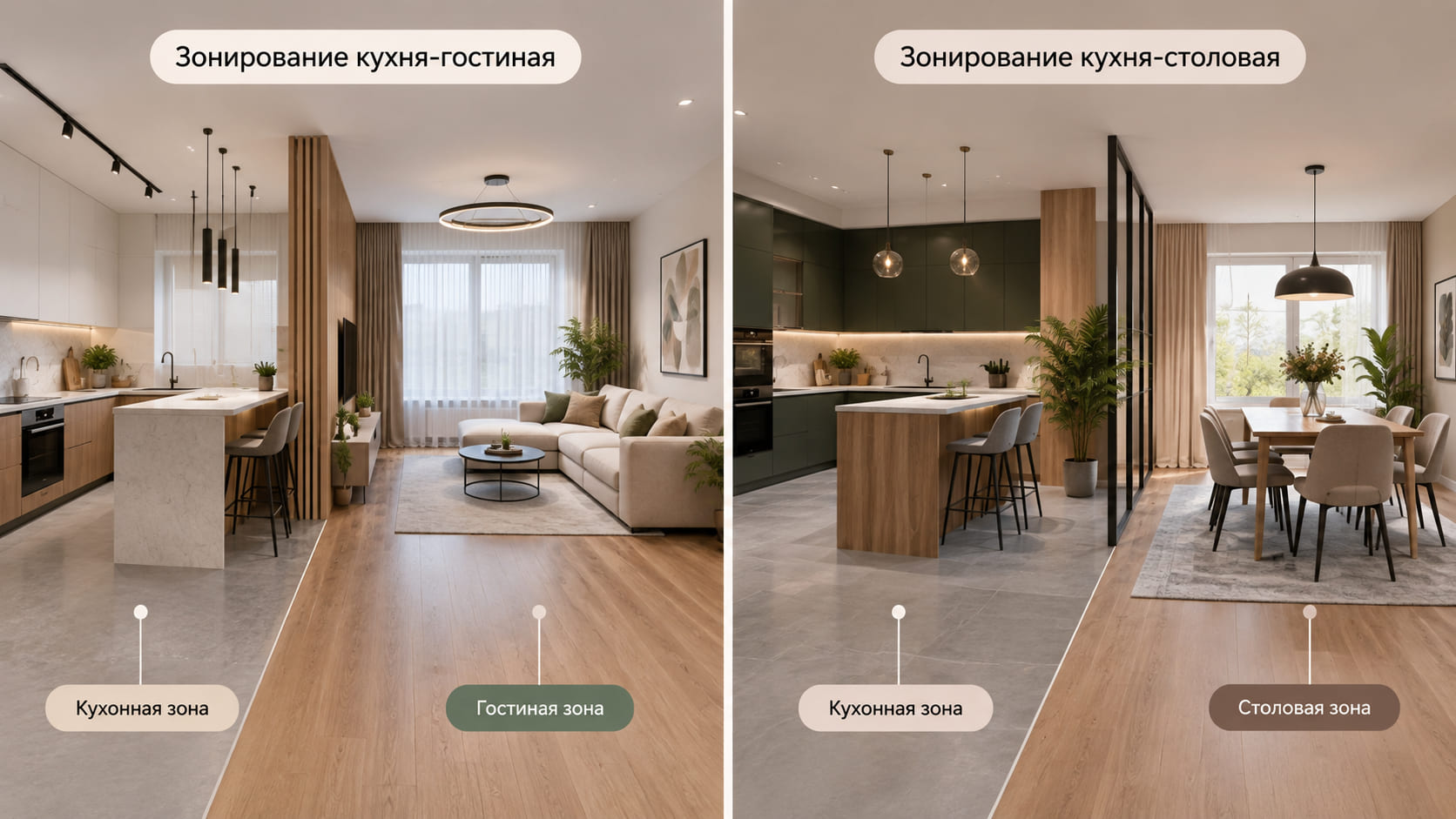 Зонирование кухня-гостиная и кухня-столовая Зонирование кухня-гостиная и кухня-столовая